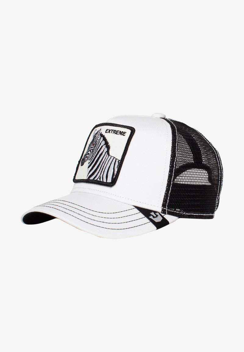 Gorra blanca con trasera de malla negra que presenta una ilustración de cebra y la palabra "EXTREME" en un parche cuadrado. Visera curvada, detalles cosidos.