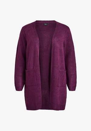 Lila dolg cardigan iz teksturirane tkanine, z odprtim sprednjim delom, dolgimi rokavi in dvema sprednjima žepoma. Trajna pletena zasnova.