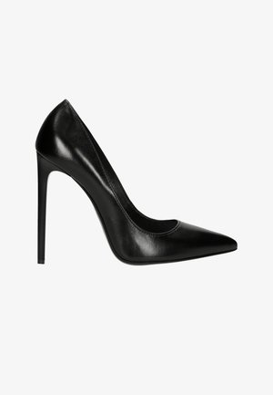 Black leather high-heeled pump with a pointed toe and smooth texture. Features a sleek silhouette and a stiletto heel.