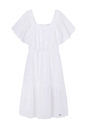 Witte katoenen jurk met een vierkante halslijn, korte fluttermouwen en een gelaagde rok. Bevat oogjesdetailing overal.