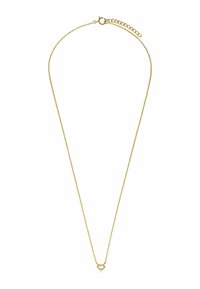 Goudkleurige ketting met een fijne schakel en een hexagonaal hanger met een geometrisch ontwerp en een klein accentdetail aan de onderkant.