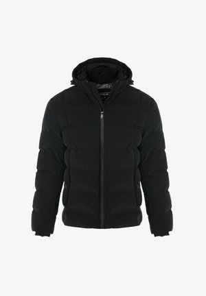 Zwarte pufferjack met een ritssluiting aan de voorkant, capuchon en twee zijzakken met rits. Heeft een gestikte ontwerp en elastische manchetten voor extra warmte.