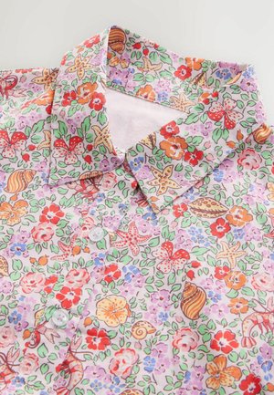 Floral print shirt with a lavender background, featuring colorful flowers, butterflies, and shells. Button-up collar and front buttons.