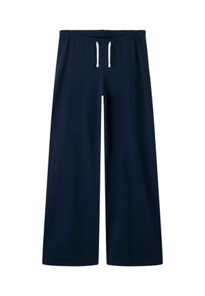 Tmavomodré široké nohavice s elastickým pásom a bielym šnúrkou, zobrazené na bielom pozadí.
