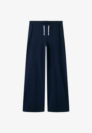 Tmavomodré široké nohavice s elastickým pásom a bielym šnúrkou, zobrazené na bielom pozadí.