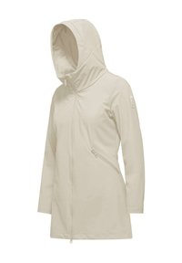 Giacca impermeabile beige con cappuccio, zip frontale e tasche laterali diagonali. Caratterizzata da una texture liscia e un design aderente.