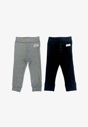 Two pairs of children's pants: one gray with a smooth texture and three buttons, and one black with a soft fabric and similar button detail.