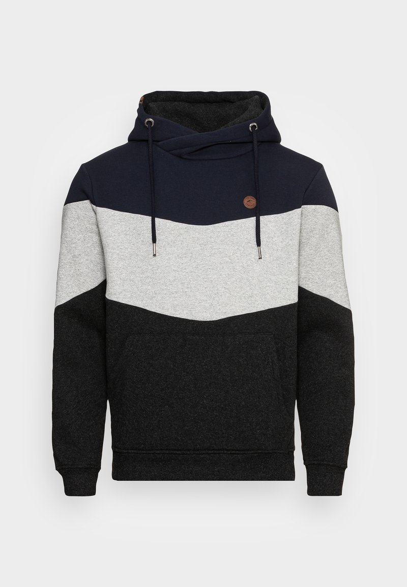 Hoodie met een marineblauw, grijs en zwart kleurblok ontwerp; heeft een voorzak, een capuchon met koord en een decoratieve logo patch.