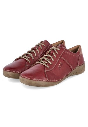 Red leather shoes featuring a rounded toe, beige laces, and contrasting tan leather accents. Textured rubber sole with stitching detail.