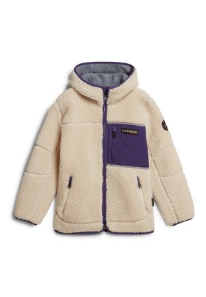 Cremefarbene Fleecejacke mit durchgehendem Reißverschluss, lila Brusttasche, zwei Vorder-Reißverschlusstaschen und Kapuze.