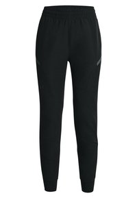 Svarta träningsbyxor av mjukt, stretchigt material. Har resår i midjan, avsmalnande ben och små reflexdetaljer på sidorna.