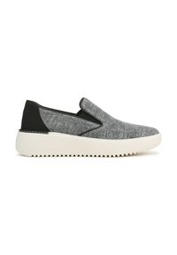 Gray slip-on shoes with a textured upper, black accents, and a white rubber sole featuring a zigzag pattern.