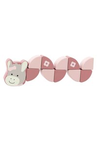 Wooden toy made of pink and mauve interlocking pieces, featuring a donkey head. Smooth texture with floral patterns on some segments.