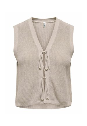 Top in maglia beige senza maniche con scollatura a V, dotato di una chiusura a fiocco frontale e tessuto testurizzato. Orlo corto e dritto.