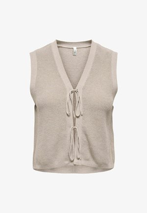 Beige mouwloze gebreide top met een V-hals, voorzien van een sluiting met een strik aan de voorkant en een textuur in de stof. Korte, rechte zoom.