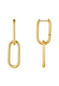 Boucles d'oreilles de couleur or présentant un design ovale lié avec une finition texturée. Chaque boucle d'oreille a une forme allongée et une fermeture sécurisée.