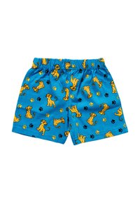 Pantaloni corti blu per bambini con cintura elastica, caratterizzati da un motivo di cuccioli di leone cartoni animati gialli e impronte di zampe nere e gialle.