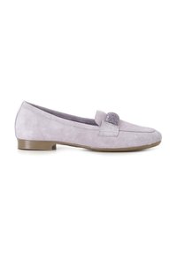 Zamszowe loafers w jasnym lawendowym kolorze z płaską gumową podeszwą i dekoracyjnym akcentem z tkaniny na cholewce. Gładka faktura z minimalnymi przeszyciami.