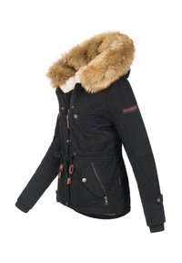 Schwarze Winterjacke mit beigefarbener Kunstfellkapuze, Reißverschluss und Knopfverschluss, verstellbare Taille, Reißverschluss- und Knopftaschen sowie Logo am Ärmel.