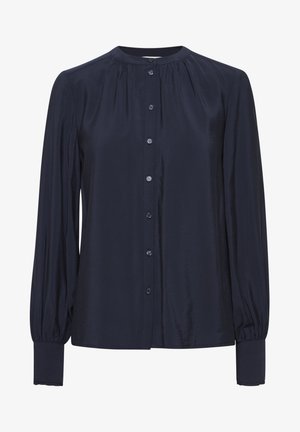 Navy blue long-sleeved blouse with button closure, round neck, gathered detailing at shoulders, and fitted cuffs. Smooth fabric texture.