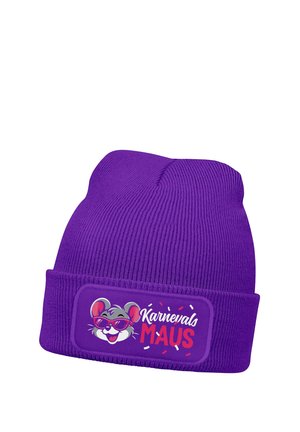 Purple knit beanie with a patch showing a smiling mouse wearing red sunglasses and the text "Karnevals Maus" with confetti details.