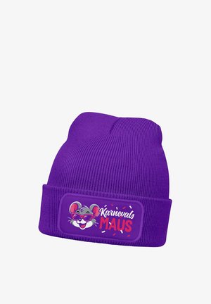 Purple knit beanie with a patch showing a smiling mouse wearing red sunglasses and the text "Karnevals Maus" with confetti details.