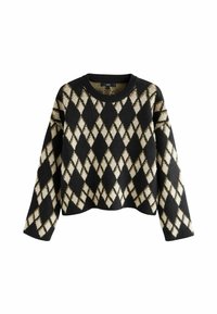 Pull noir et crème avec un motif argyle, col rond et manches longues. Ce modèle court a une texture douce et un matériau chaud.