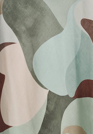 Multicolored abstract design featuring overlapping organic shapes in muted tones of green, pink, and brown, on a textured background.