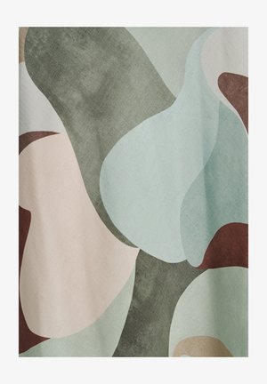 Multifarvet abstrakt design med overlappende organiske former i dæmpede nuancer af grøn, pink og brun, på en tekstureret baggrund.