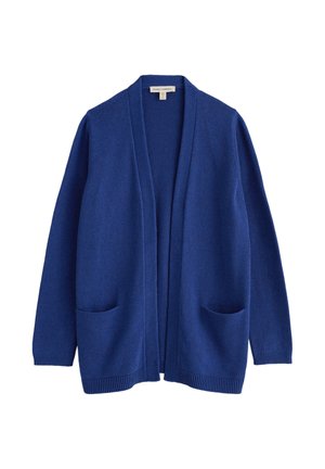 Kék, nyitott elöl szvetter hosszú ujjakkal és két elülső zsebbel, puha kötött anyagból készült.