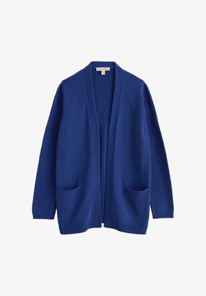 Kék, nyitott elöl szvetter hosszú ujjakkal és két elülső zsebbel, puha kötött anyagból készült.