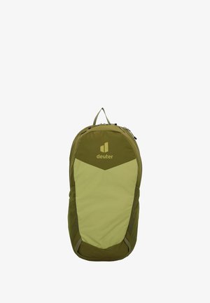 Grüner und hellgrüner Nylon-Rucksack mit Reißverschluss, der ein geometrisches Design, ein Logo auf der Vorderseite und einen oberen Tragegriff aufweist.