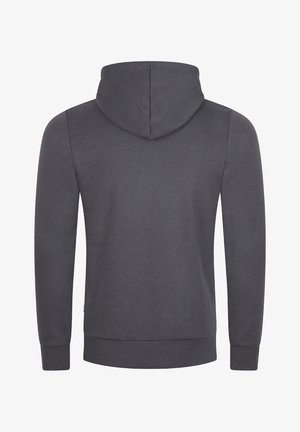 Felpa grigia con cappuccio realizzata in tessuto misto cotone. Presenta polsini e orlo a coste, con una finitura morbida e testurizzata e senza loghi o motivi visibili.