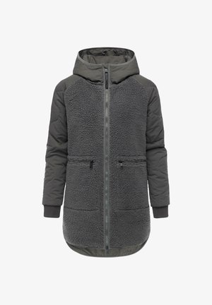 Giacca isolante grigia con parte anteriore in fleece testurizzato, maniche e cappuccio in tessuto liscio, chiusura con zip e due tasche laterali.