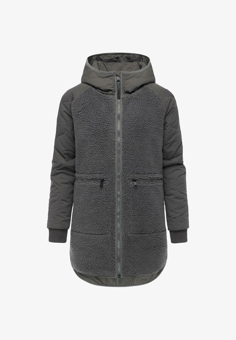 Grå isolerad jacka med en texturerad fleeceframsida, släta tygärmar och huva, dragkedjestängning och två sidofickor.