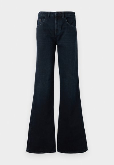 Dark blue flared jeans made of denim. Features a high waist, two front pockets, and a clean finish without visible hardware.