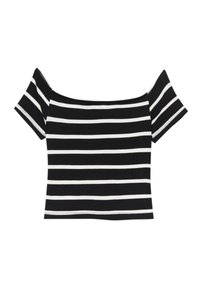 Černo-bílý pruhovaný top bez ramínek vyrobený z ribbed tkaniny, s krátkými rukávy a přiléhavým střihem. Horizontální pruhy po celém povrchu.