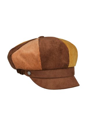 Corduroy Newsboy-Mütze mit mehrfarbigen braunen und senfgelben Paneelen und einem kleinen Metallknopf an der Seite.