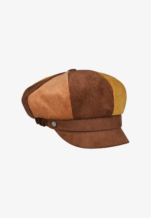 Corduroy newsboy cap with multi-tone brown and mustard yellow panels and a small metal button on the side.