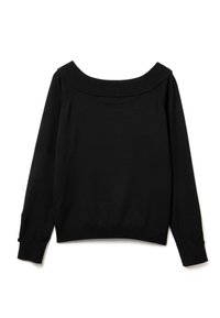 Černý pletený svetr s designem bez ramene, hřebenovým výstřihem a manžetami s malými knoflíky na každém rukávu. Měkká struktura, volný střih.