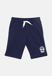 Marineblaue Baumwollshorts mit einem elastischen Bund, weißem Kordelzug, zwei Seitentaschen und Timberland-Logo auf dem linken Bein.