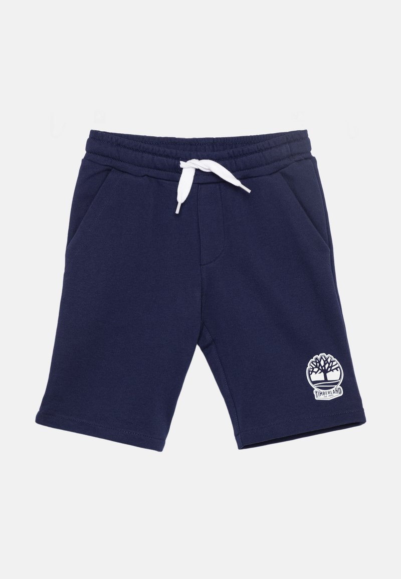 Marineblaue Baumwollshorts mit einem elastischen Bund, weißem Kordelzug, zwei Seitentaschen und Timberland-Logo auf dem linken Bein.
