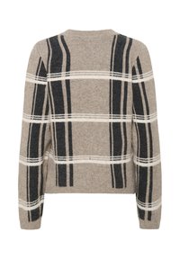 Beige gestrickter Pullover mit einer weichen Textur, der dunkelgraue und weiße horizontale Streifen in einem karierten Muster aufweist. Runde Ausschnitt und lange Ärmel.