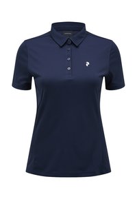 Marineblaues Polo-Shirt mit flachem Kragen, Drei-Knopf-Leiste, kurzen Ärmeln und kleinem Logo auf der linken Brust. Hergestellt aus glattem, atmungsaktivem Stoff.