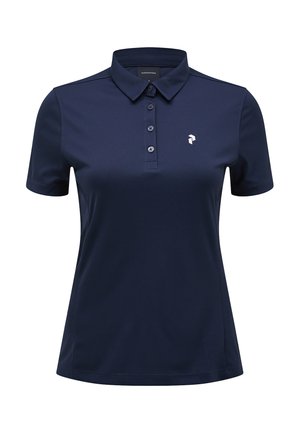 Marineblå polo shirt med flad krave, tre-knap lukning, korte ærmer og et lille logo på venstre bryst. Lavet af glat, åndbart stof.