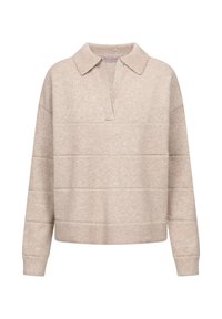 Beige sweater met een kraag en een gedeeltelijke knoopsluiting. Beschikt over horizontale strepen en geribde manchetten en zoom. Zachte gebreide textuur.