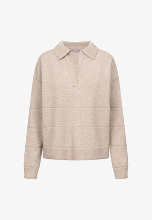 Beige sweater met een kraag en een gedeeltelijke knoopsluiting. Beschikt over horizontale strepen en geribde manchetten en zoom. Zachte gebreide textuur.