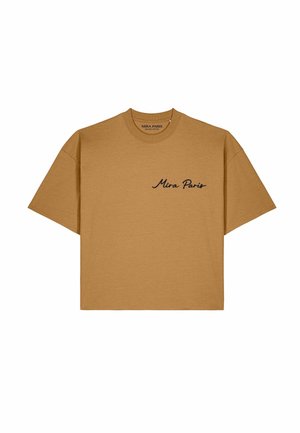 Braunes kurzärmeliges T-Shirt mit schwarzer "Mira Paris"-Schrift auf der linken Brust vorne und rundem Ausschnitt.