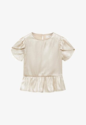 Kortærmet top lavet af shiny, lys guldstof. Har en rund halsudskæring og en samlet peplum-nederdel med flæseærmer. Åbning med nøglehul på ryggen.