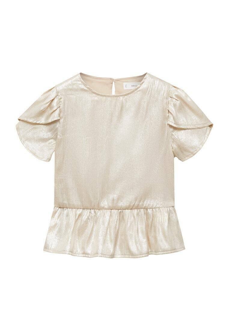 Kortärmad topp i glänsande, ljusguldigt tyg. Har rund halsringning och en samlad peplumnederdel med volangärmar. Öppning med nyckelhål i ryggen.